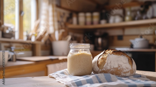 A jar of sourdough starter beside a freshly baked loaf of sourdough in a quaint country kitchen.