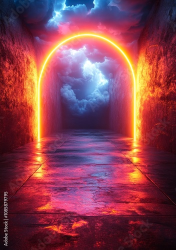 glowing neon archway leading to a surreal stormy sky with reflections on wet pavement, ideal for futuristic design, sci-fi themes, or creative digital art backgrounds photo