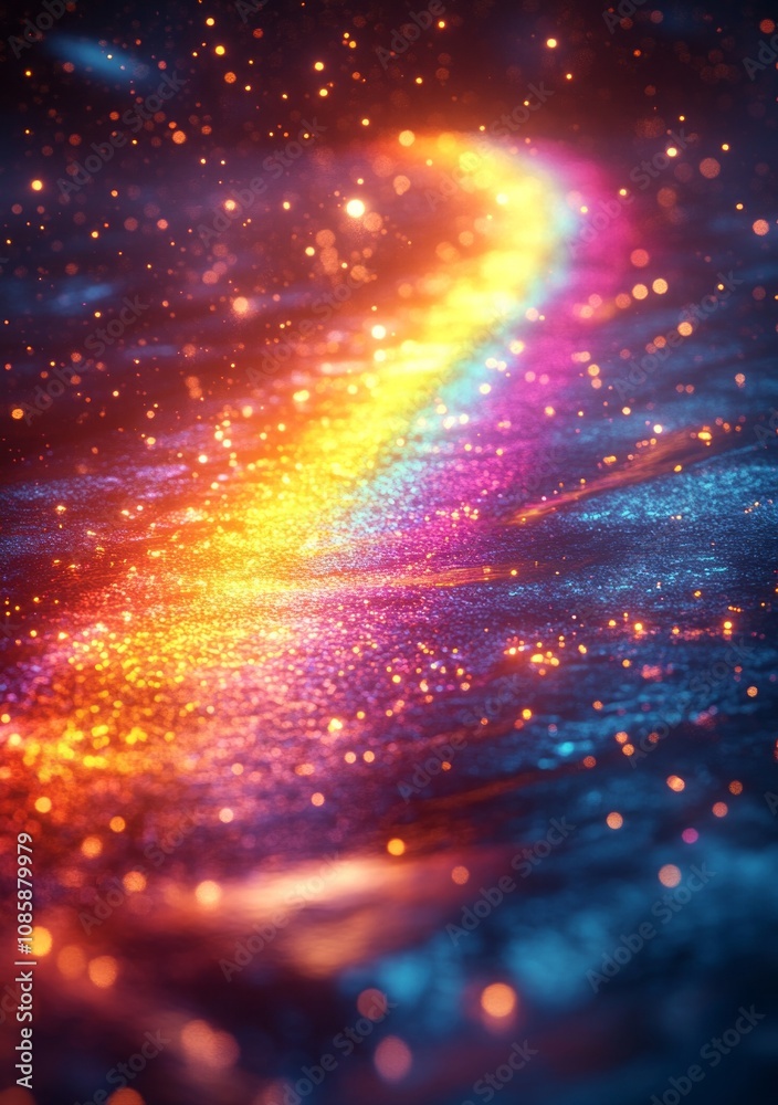Fototapeta premium Glowing rainbow light trail with sparkling effects on a dark reflective surface, perfect for fantasy artwork, abstract designs, and creative digital projects.