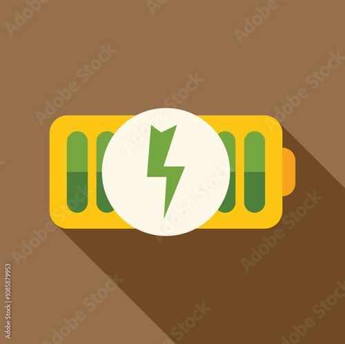 Green lightning bolt charging a partially full battery icon with long shadow on brown background