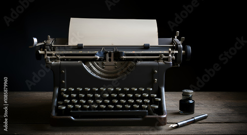 Close-Up of a Vintage Typewriter with Paper and Ink Pen