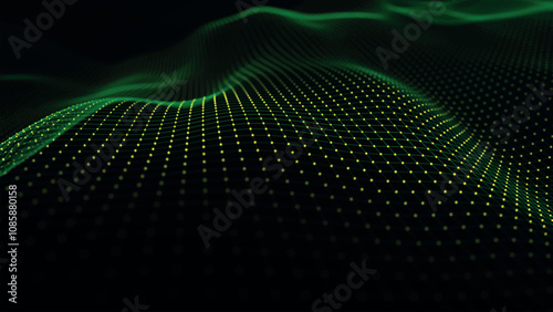 Futuristic point wave of particles. Visualization of sound waves. Dark background. Technology or science banner. Abstract digital 3D wave. Vector illustration.