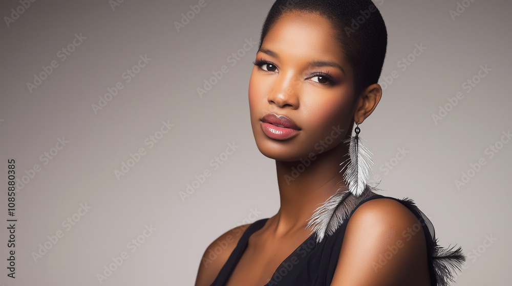 Elegant woman wearing a black dress and feather earrings, posing confidently against a soft neutral background. Copy space Elegant woman wearing a black dress and feather earrings, posing confidently against a soft neutral background. Copy space