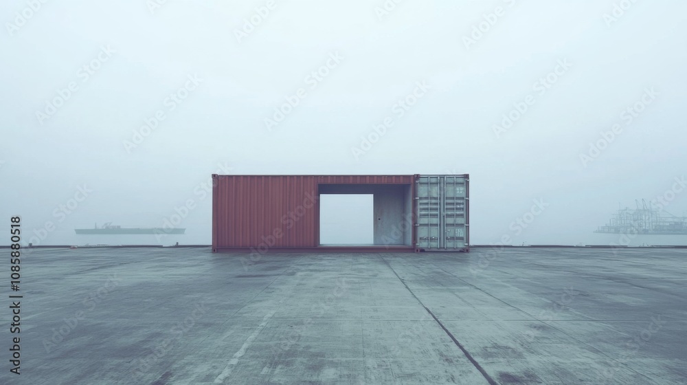Fototapeta premium A shipping container with a door cut out, placed on a dock, with a ship in the background.