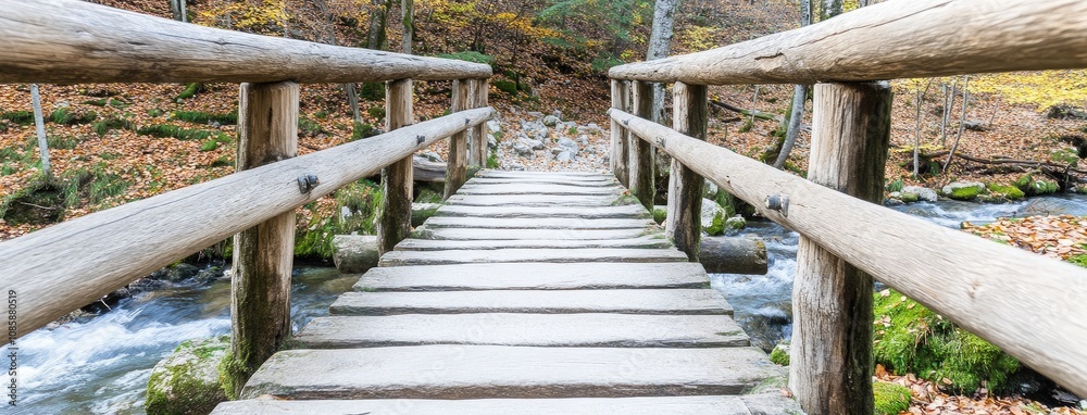 Serene wooden bridge crossing a clear stream in autumn at Plitvice Lakes National Park, Croatia Serene wooden bridge crossing a clear stream in autumn at Plitvice Lakes National Park, Croatia