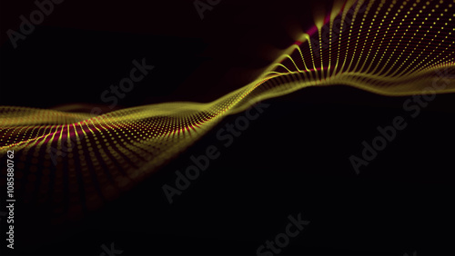 Futuristic point wave of particles. Visualization of sound waves. Dark background. Technology or science banner. Abstract digital 3D wave. Vector illustration.