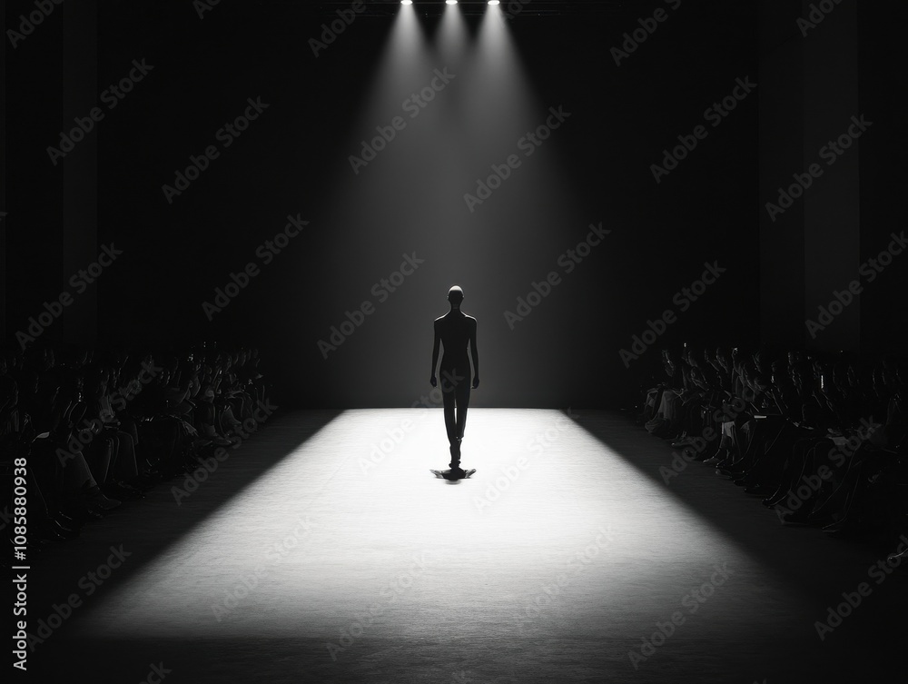 Model walking in spotlight on fashion runway. Model walking in spotlight on fashion runway.