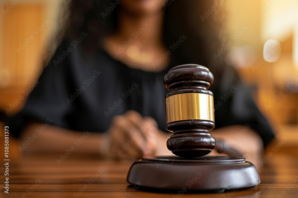 Lawyer presenting evidence in courtroom with judge engaged in a classic wooden court setting