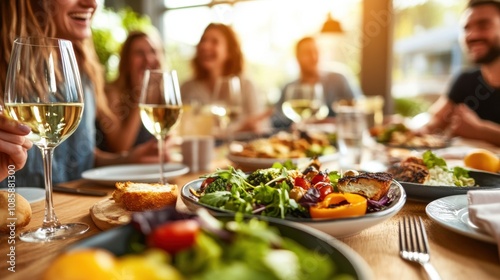 Friends enjoying a vibrant meal with wine at a sunlit table, AI