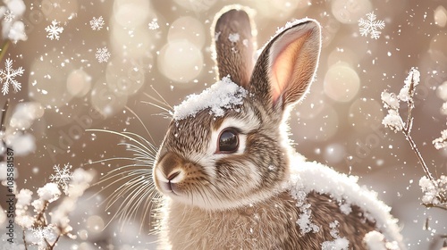 A charming portrait of a rabbit adorned with snowflakes, capturing the serene essence of winter in a beautiful outdoor setting. Perfect for seasonal themes.