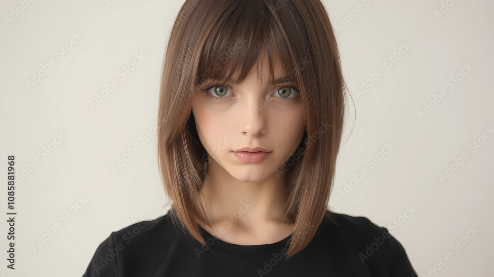 A girl with asthenic physique, brown hair below the shoulder blades, small chest, in a black t-shirt, brown eyes. A girl with asthenic physique, brown hair below the shoulder blades, small chest, in a black t-shirt, brown eyes.