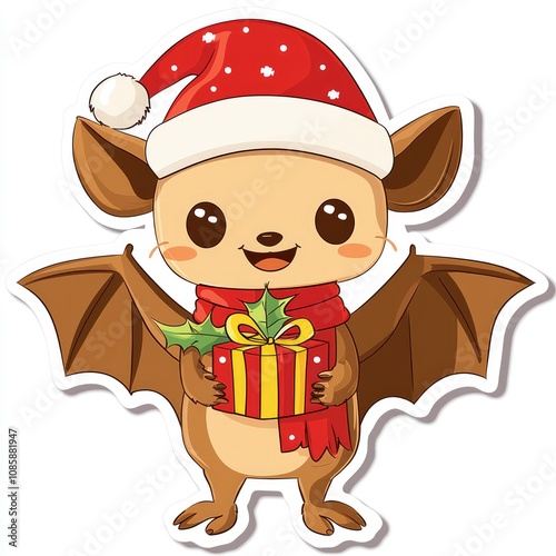 Adorable Christmas Bat Holding a Gift - Cute Cartoon Illustration photo