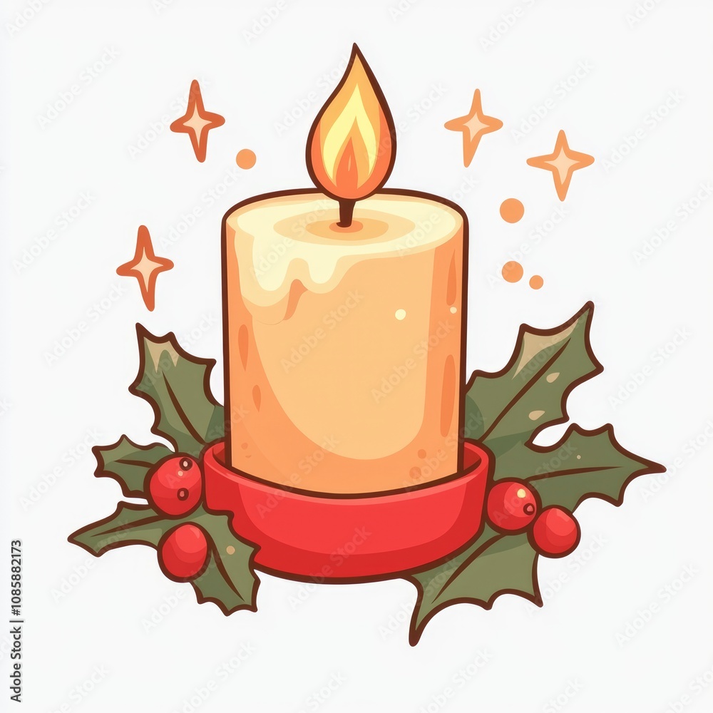 Festive Christmas Candle with Holly and Berries Illustration Festive Christmas Candle with Holly and Berries Illustration
