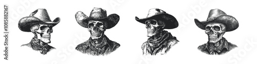 Monochrome skull with cowboy hat. Dead Cowboy. Cowboy western and wild west theme. Vector illustration print on tshirts jacket and souvenirs. Vintage woodcut engraving style vector illustration.