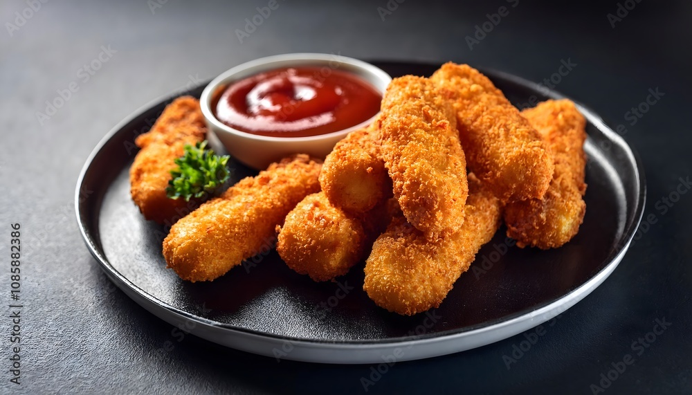A gourmet presentation of air fryer mozzarella sticks, with a crunchy golden coating, served with a side of marinara sauce A gourmet presentation of air fryer mozzarella sticks, with a crunchy golden coating, served with a side of marinara sauce