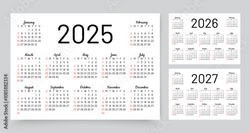 2025, 2026, 2027 calendars. Calender templates. Planner layout with 12 months. Week starts Sunday. Desk planer grid for year. Yearly diary in English. Vector illustration. Paper size A4