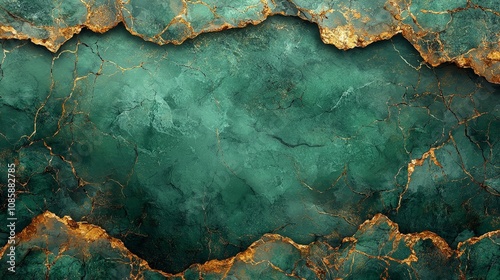 A textured abstract background featuring green and gold hues with a cracked surface design.