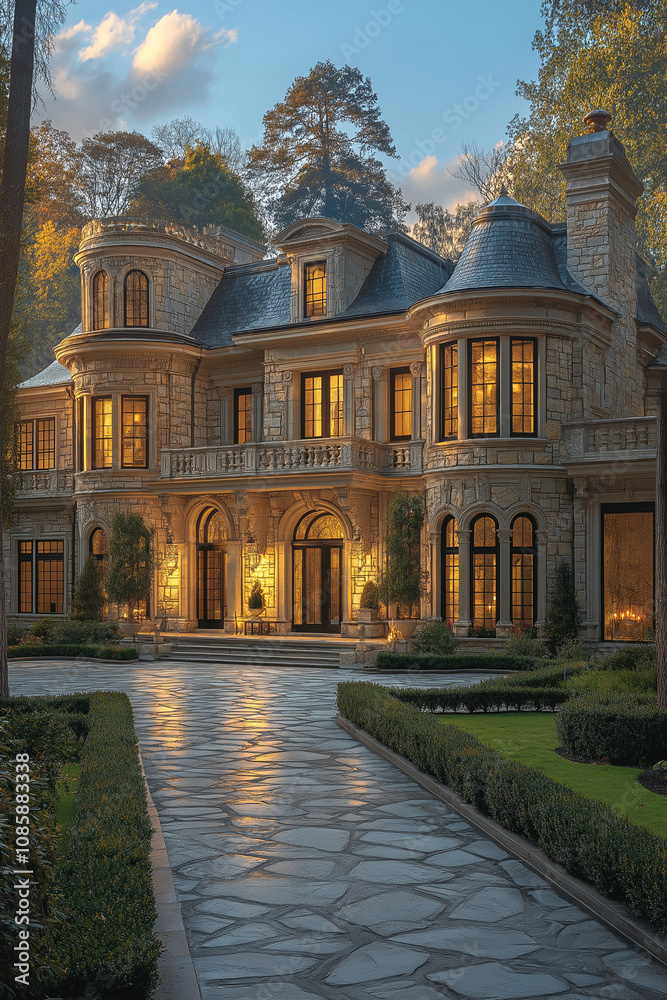 Fototapeta premium grande maison en pierre, demeure, avec jardin, plan extérieur maison 3D réaliste, HDR, photographie immobilière, décoration, tendance, architecte, design, mode, fonctionnel, luxe, élégant, raffiné