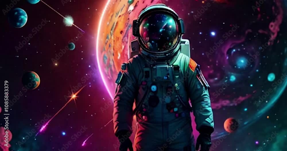 An astronaut drifts through deep space in a sleek suit, surrounded by a vibrant, swirling cosmic backdrop of purples, blues, and golds. Stars twinkle, nebulae pulse, galaxies transform surreal shapes An astronaut drifts through deep space in a sleek suit, surrounded by a vibrant, swirling cosmic backdrop of purples, blues, and golds. Stars twinkle, nebulae pulse, galaxies transform surreal shapes
