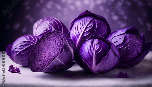 A bunch of purple cabbages placed side by side, perfect for a still life or food related scene photo