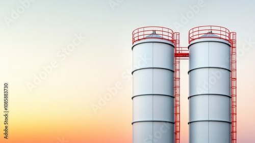 Industrial silos against a vibrant sunset sky.