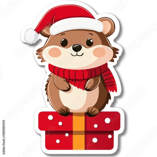 Cute Hamster Wearing Santa Hat Sitting on a Christmas Gift Box - Christmas Clipart photo