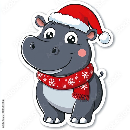 Adorable Christmas Hippopotamus in Santa Hat and Scarf - Cute Cartoon Animal Illustration photo