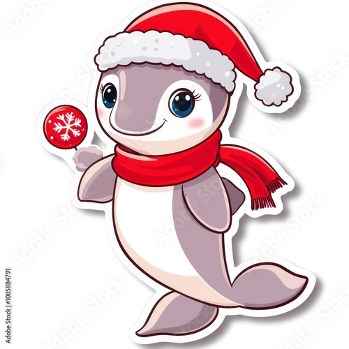 Adorable Cartoon Dolphin Wearing Santa Hat and Scarf with Candy Cane photo