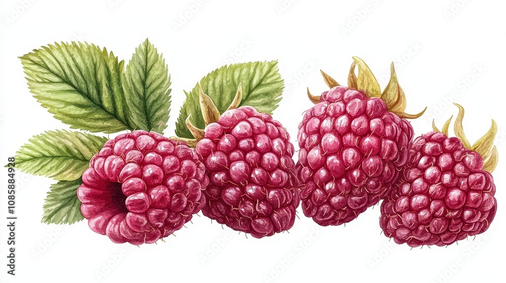 Juicy raspberry illustration featuring detailed leaves, ideal for design applications, set against a white background.
