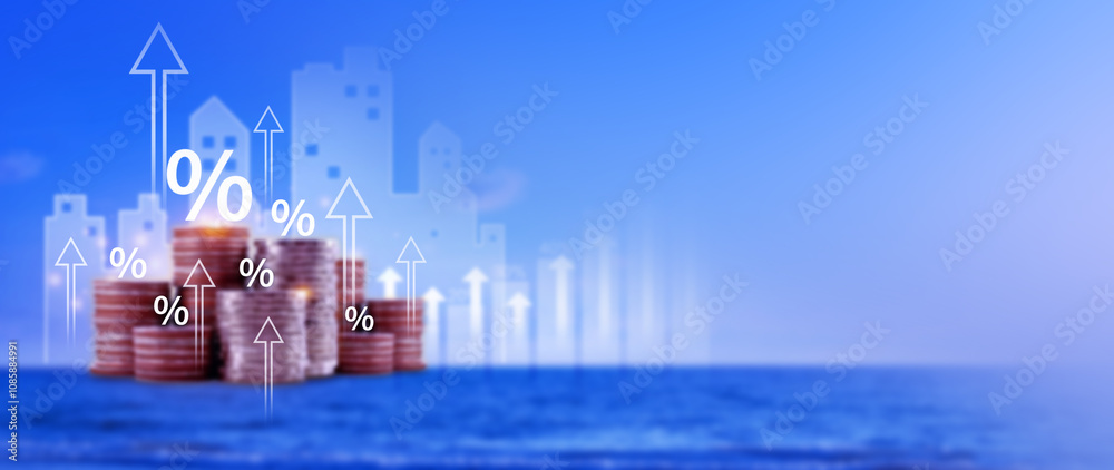Fototapeta premium Fund investment and finance concept, stock market, profits and business growth, Dividends and interest rates and arrow on stack of coins represent returns on stocks and mutual funds.