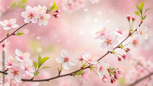 Blossoming cherry tree branch with pink flowers and soft bokeh background in spring copy space