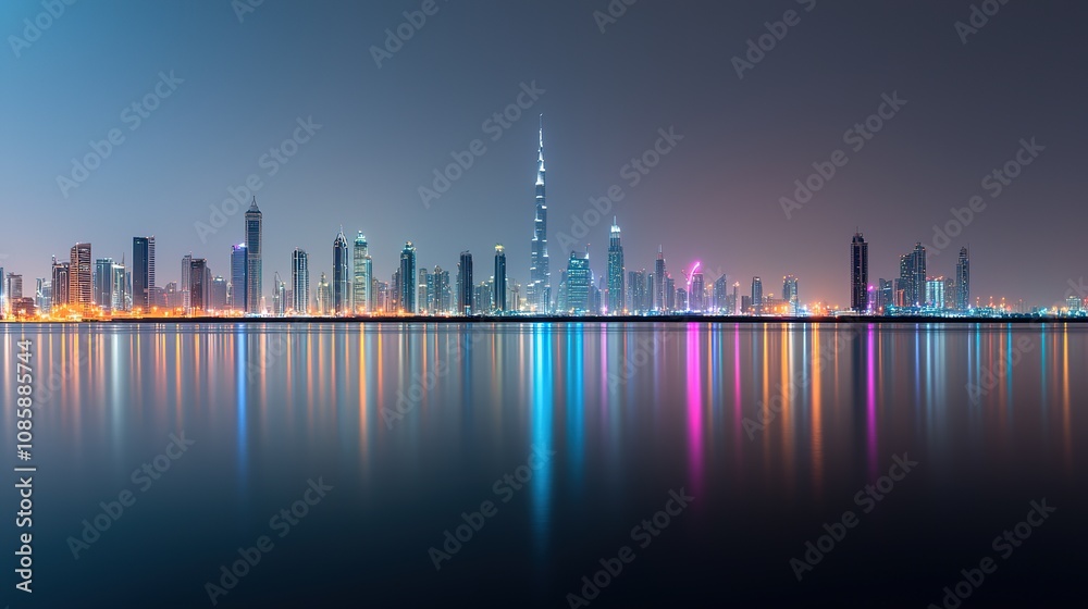 Obraz premium Dubai skyline illuminated at night burj khalifa cityscape photography urban environment panoramic view sparkling reflection