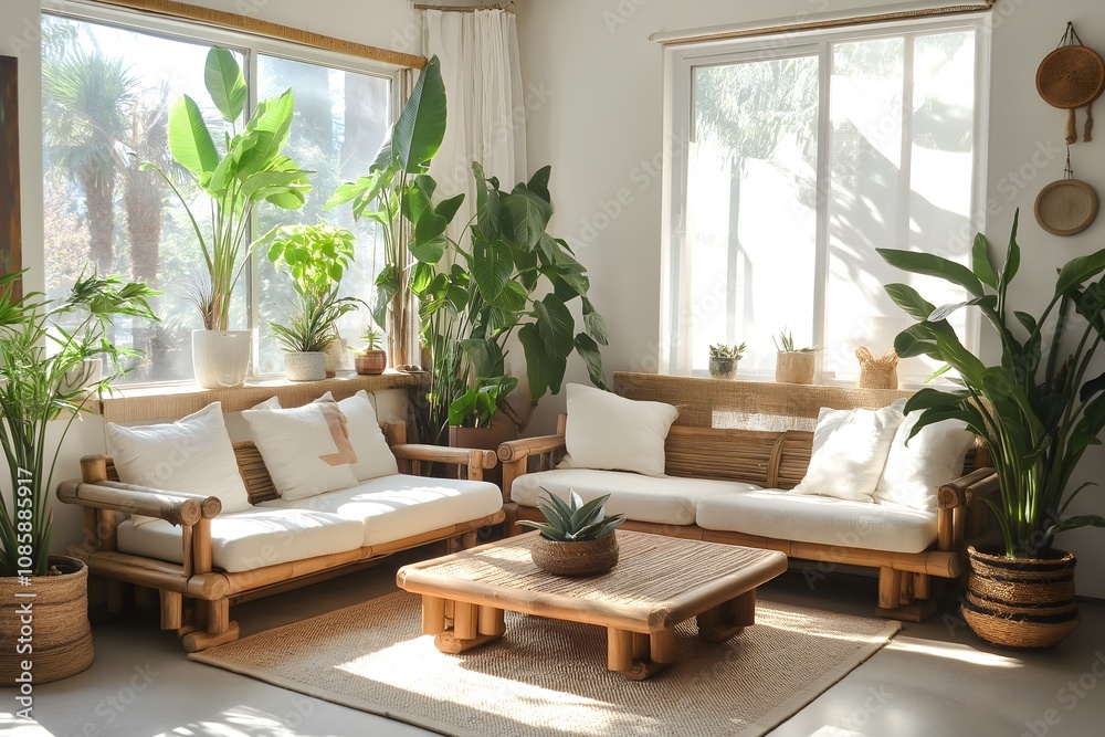 Minimalist Living Room with Natural Wood Furniture, Large Indoor Plants, Rattan Accents, Earthy Tones, Soft Lighting Minimalist Living Room with Natural Wood Furniture, Large Indoor Plants, Rattan Accents, Earthy Tones, Soft Lighting