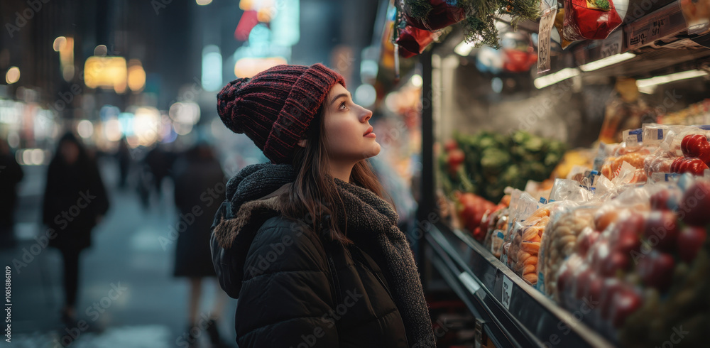 A young woman, dressed in winter clothes and a hat, looks at shelves of fresh food in a grocery store A young woman, dressed in winter clothes and a hat, looks at shelves of fresh food in a grocery store