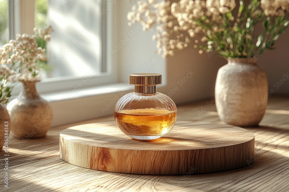 Sophisticated Perfume Bottle Design with Wooden Base and Gold Highlights