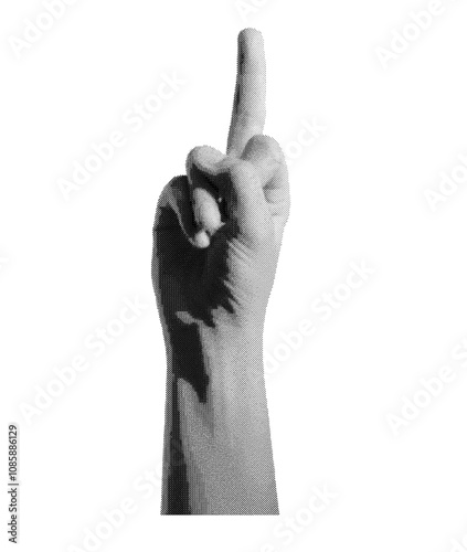 Hand making a provocative middle finger gesture, isolated in retro halftone dot style. Offensive and indecent sign symbolizing aggression, inspired by nostalgic 1990s vintage