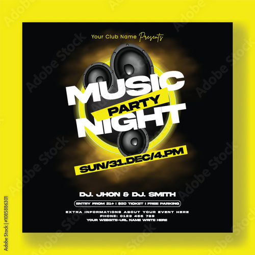 Modern Night party Social media post banner ad template, night dance party music night poster. Electro style concert disco club party event flyer invitation design with neon light , speaker background