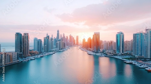 Sunset over dubai marina a scenic view of anchored boats and urban cityscape in a vibrant environment