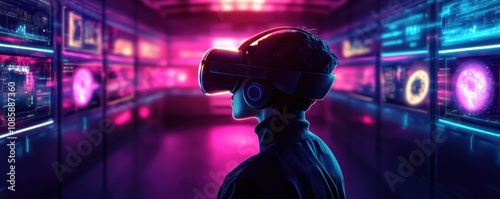 Person wearing VR headset in futuristic space.