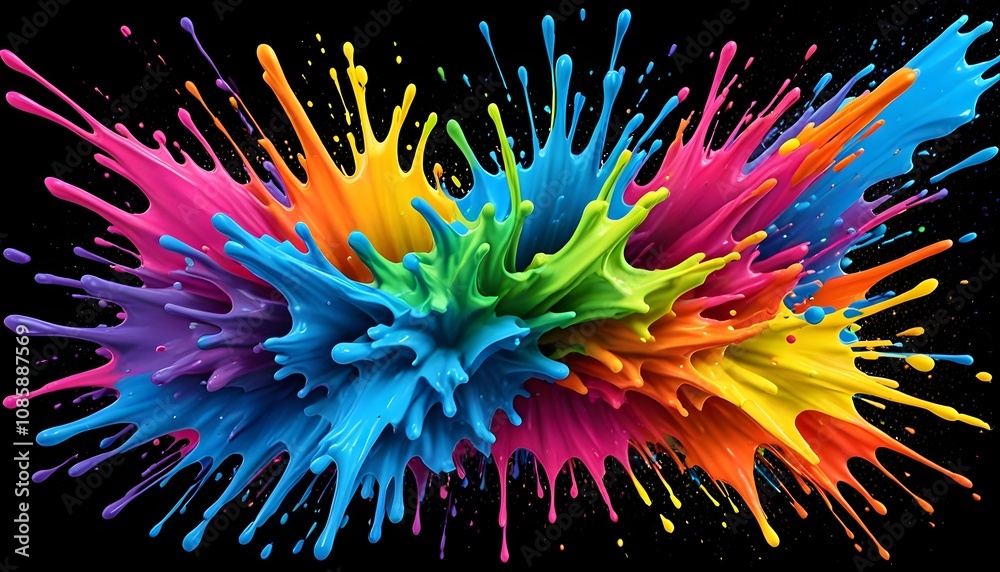 Colorful Neon Splashes on Flat Black Background Colorful Neon Splashes on Flat Black Background