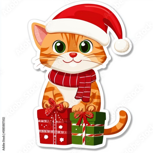 Adorable Ginger Cat in Santa Hat with Christmas Presents photo