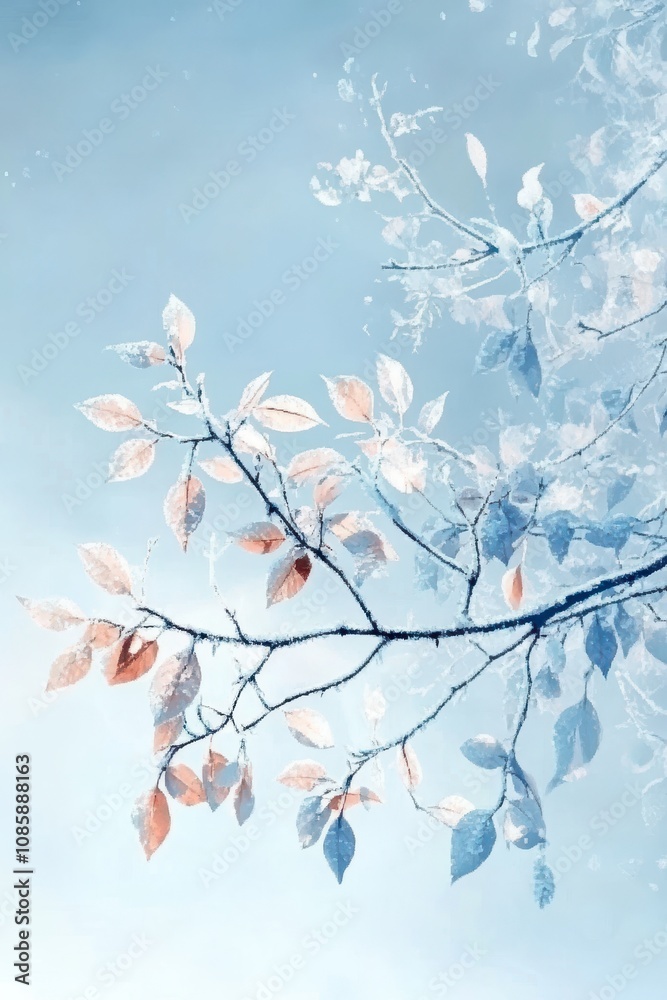 Frost-covered branch with delicate frozen leaves, capturing the beauty of winter's chill Frost-covered branch with delicate frozen leaves, capturing the beauty of winter's chill