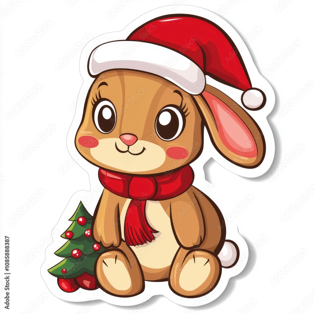 Adorable Christmas Bunny Rabbit in Santa Hat with Mini Christmas Tree Adorable Christmas Bunny Rabbit in Santa Hat with Mini Christmas Tree