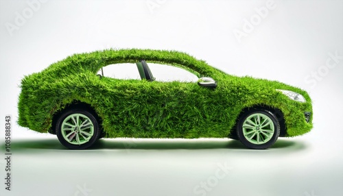 Car covered in lush green grass, symbolizing green technology and environmental responsibility, set against a clean white background. Concept of sustainability and eco-friendly transpor