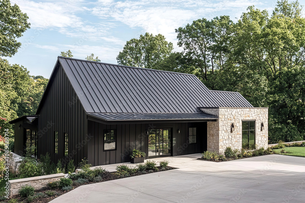 A sleek, modern black metal roof on an elegant country home in the pine barrens style of Tradd Moore, set against a backdrop of lush green trees and a clean concrete driveway. A sleek, modern black metal roof on an elegant country home in the pine barrens style of Tradd Moore, set against a backdrop of lush green trees and a clean concrete driveway.
