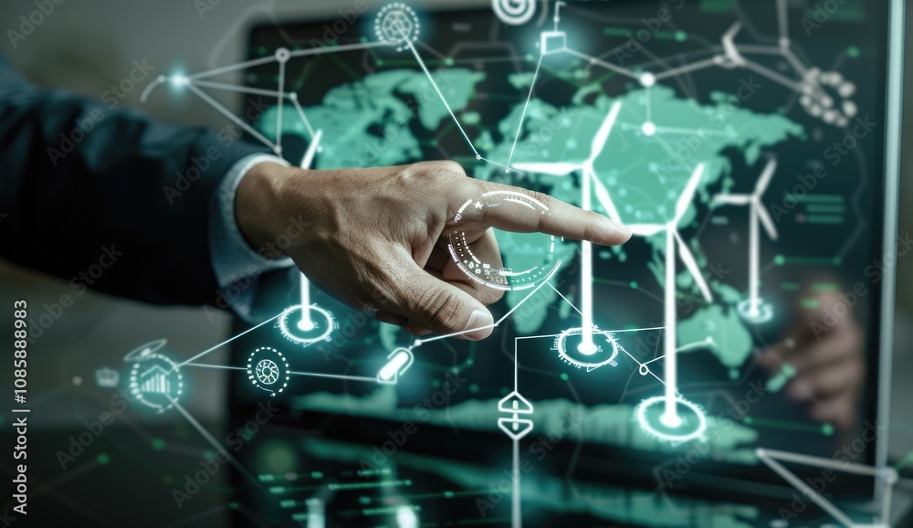 A Hand Interacting with a Digital Interface of a World Map and Wind Turbines