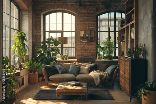 Industrial Loft with Natural Wood Furniture, Exposed Brick, Potted Plants, Soft Light from Large Windows, Earthy Color Palette