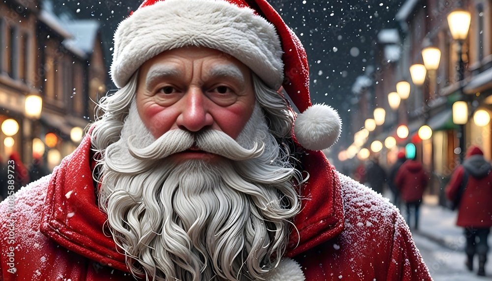 Close-Up of Santa Claus Walking Through a Snowy Street Close-Up of Santa Claus Walking Through a Snowy Street