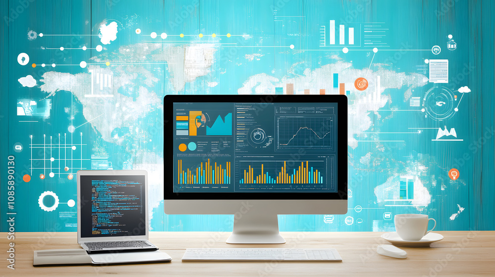Modern computer and laptop displaying data analytics on blue background Modern computer and laptop displaying data analytics on blue background
