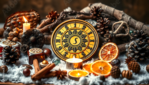 traditional Wiccan altar for Yule sabbath. Sun-moon amulet, wheel of the year, gemstones, cinnamon, nuts, cones, dry orange slices. Esoteric Ritual for Christmas, Yule, Magical Winter Solstice isola